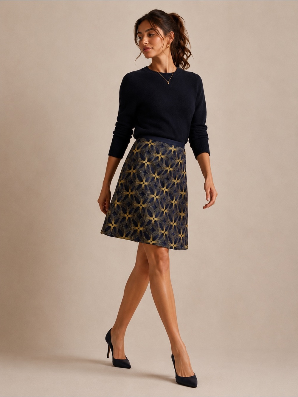 Boden | Limited Edition Navy Gold Wool Cashmere A Line Mini Skirt Laser Cut Sz 8